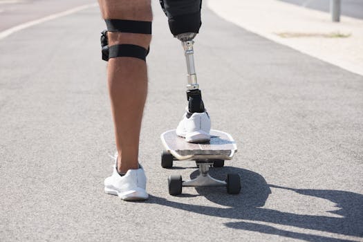 Close-up of an amputee with a prosthetic leg skateboarding on a street, showcasing determination.