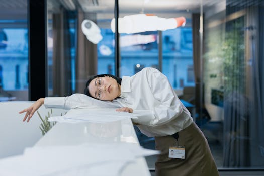 A weary office worker leans over a desk in a modern indoor setting, reflecting fatigue.