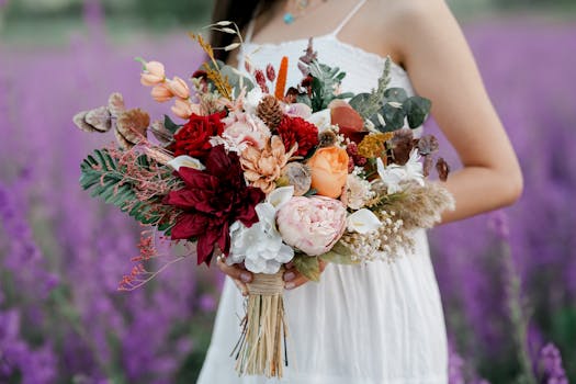 A vibrant bouquet of flowers held by a woman in a white dress amidst a lavender field.