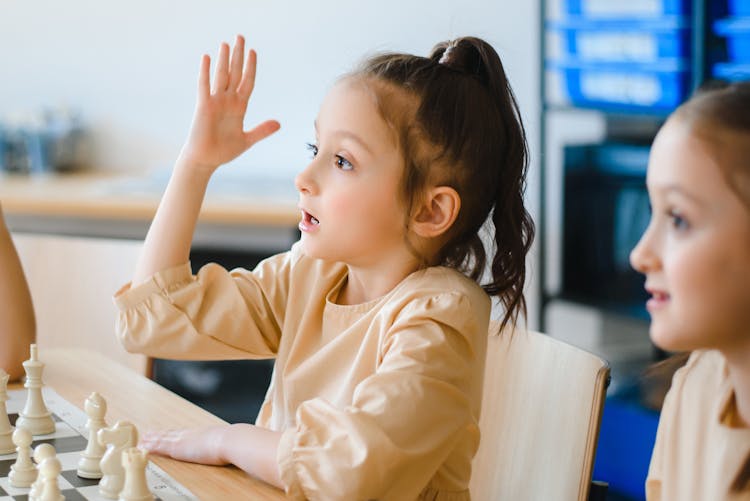 Girl With Ponytail Hair Raising Her Hand 