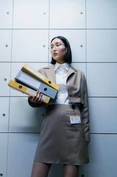 Businesswoman in formal attire holding binders in an office environment, showcasing professionalism.