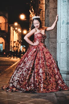 A woman in a stunning gown poses on a lit street at night.