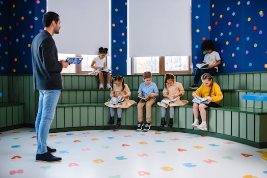 Kids and teacher reading together in a vibrant, polka dot classroom.