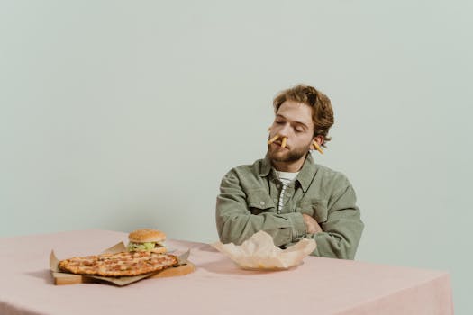 Bearded man with playful expression sitting at table with fast food, arms crossed. Conceptual indoors shoot.