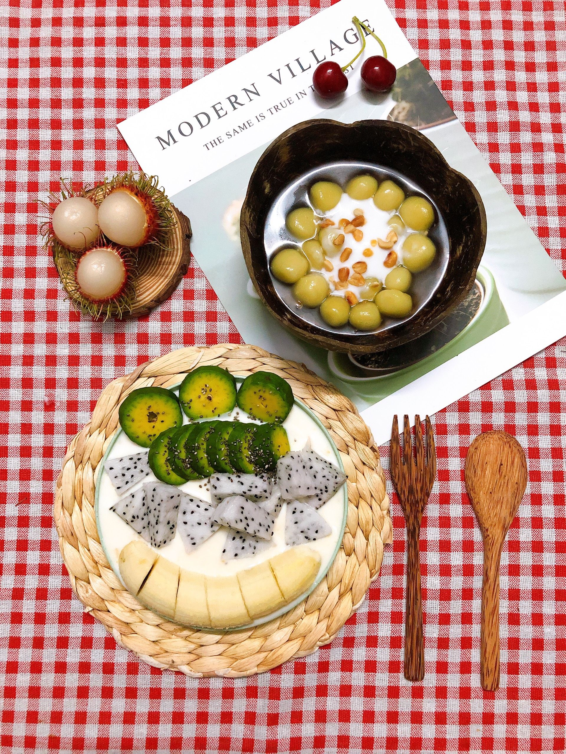 A delightful assortment of exotic fruits and sweet sago on a checkered cloth for a refreshing treat.