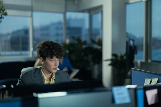 Young man focused on work in a modern office environment at night.