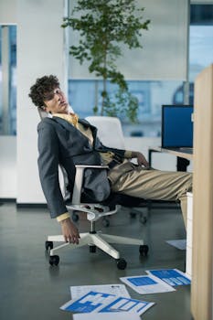 Tired businessman slumping in office chair among scattered paperwork in modern office.