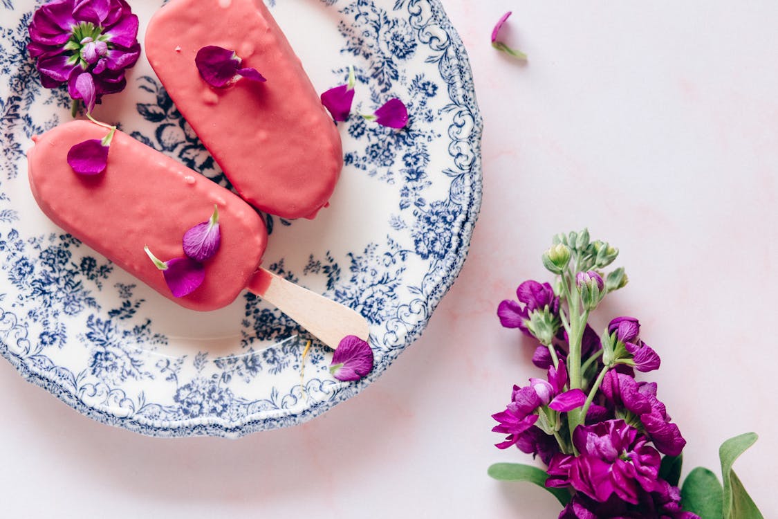 Pink Ice Creams on a Blue and White Floral Printed Plate