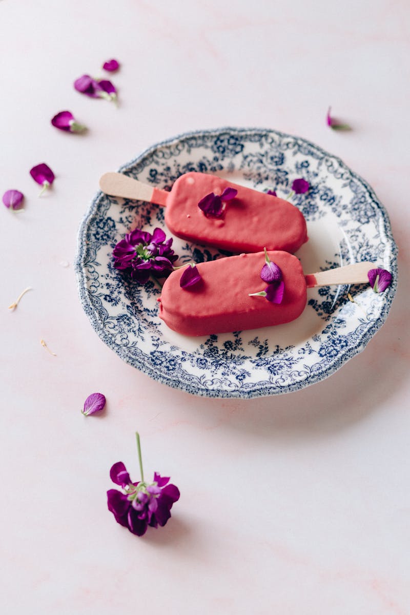 Pink Ice Cream on Blue and White Plate