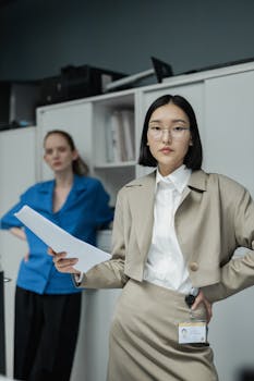 Two professional women in a modern office, showcasing leadership and confidence.