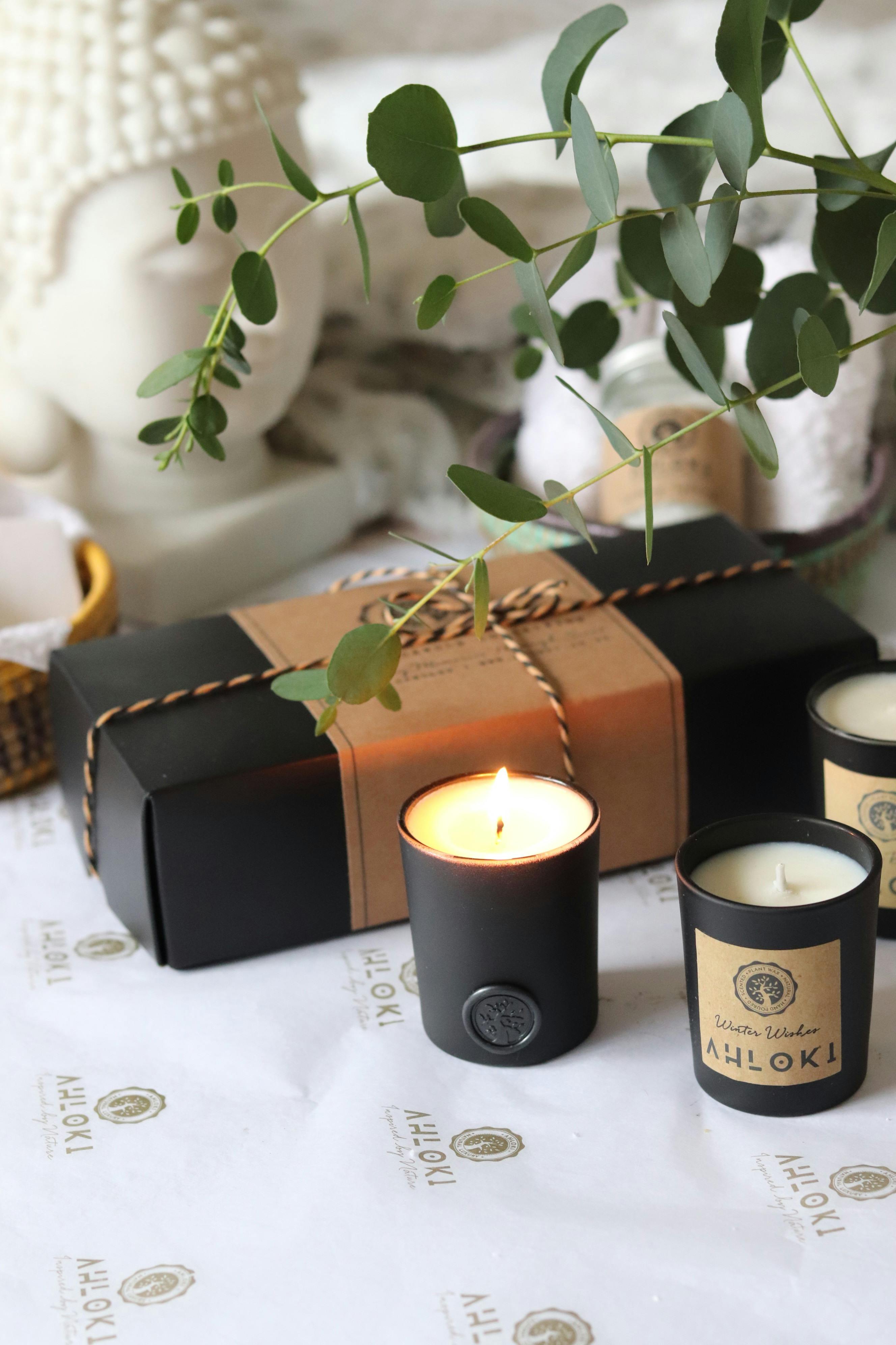 Elegant aromatherapy candle set with eucalyptus for relaxation and meditation.