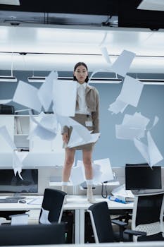 A woman in a modern office with papers flying around, capturing a dynamic and energetic moment.