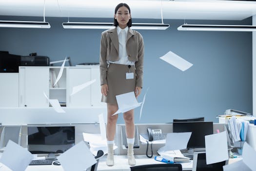 Fashionable young woman standing on a desk in a minimalist office with papers flying.