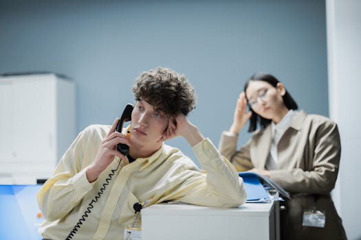 A tired office worker makes a phone call while a colleague appears stressed in the background.