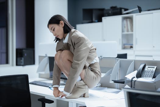 Asian businesswoman crouching on a desk in an office, depicting stress and overwork.