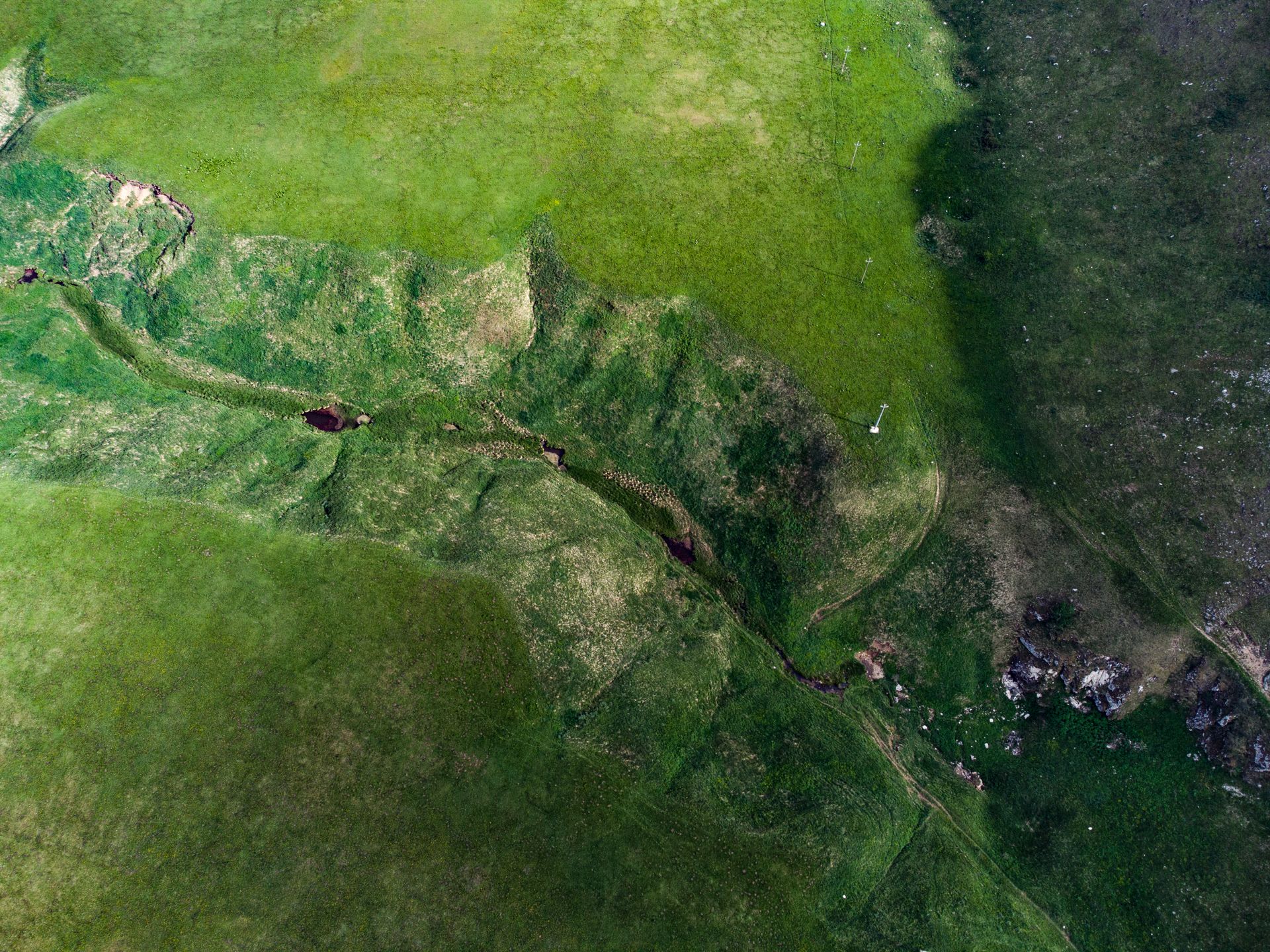 Aerial view of a striped green lawn