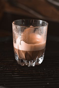 Close-up of a foamy espresso in a clear glass resting on a dark surface. Perfect for caffeine enthusiasts.