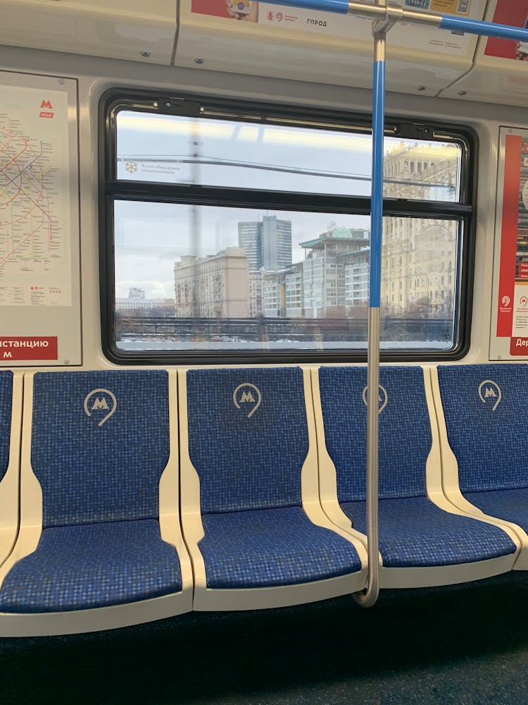 Blue And White Empty Train Seat