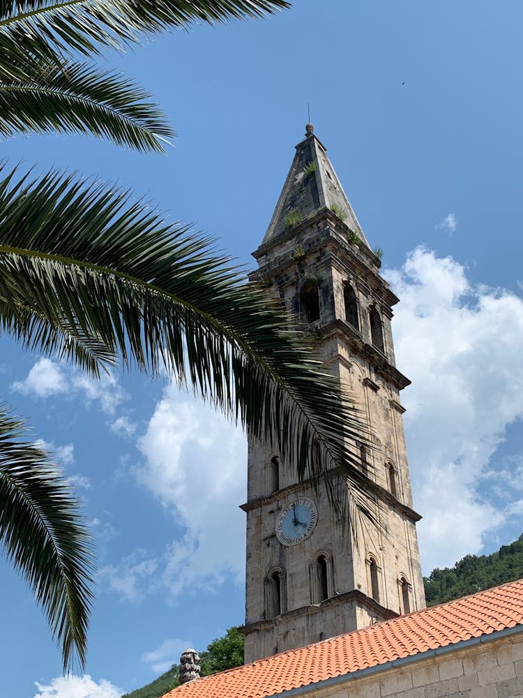 Low Angle Shot Of The Bell Tower Of The Church Of St. Nicholas In Perast