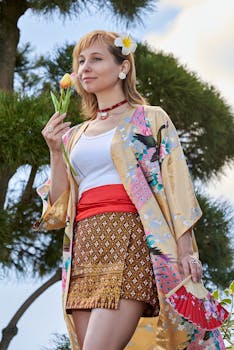 A woman wearing traditional clothes holds a tulip outdoors, embracing cultural elegance.