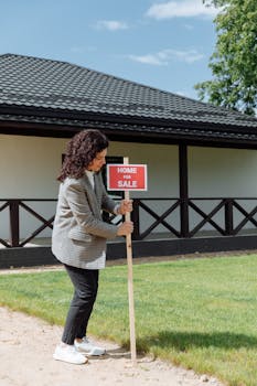 Woman real estate agent placing a 'Home for Sale' sign on a green lawn in front of a house.