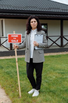 Female real estate agent outside house for sale holding sign.