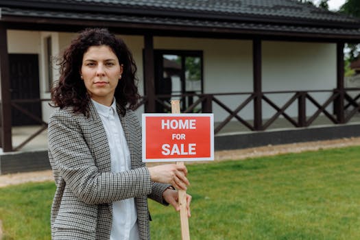 Confident real estate agent with sale sign in front of a house.