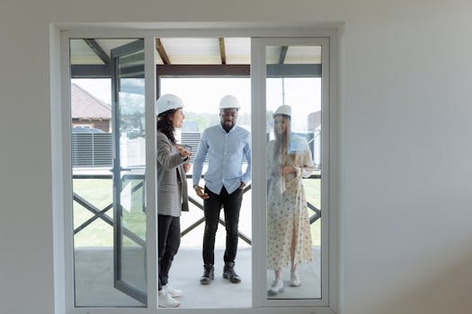 Three real estate professionals in hard hats discussing home features during a house tour.