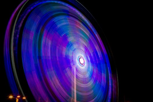 夜晚的摩天轮通过彩色长曝光镜头，生动地展现了动态与灯光