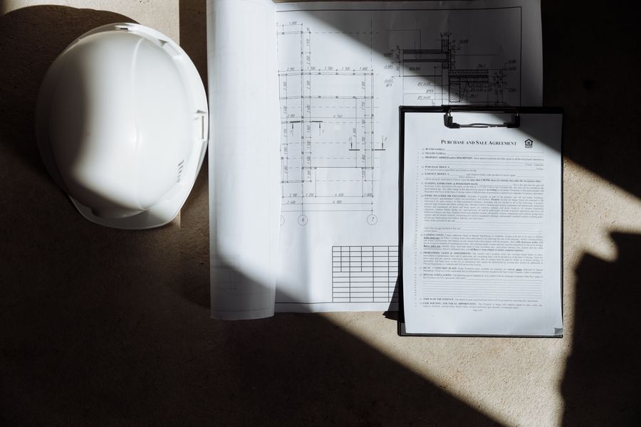 Construction documents and hard hat