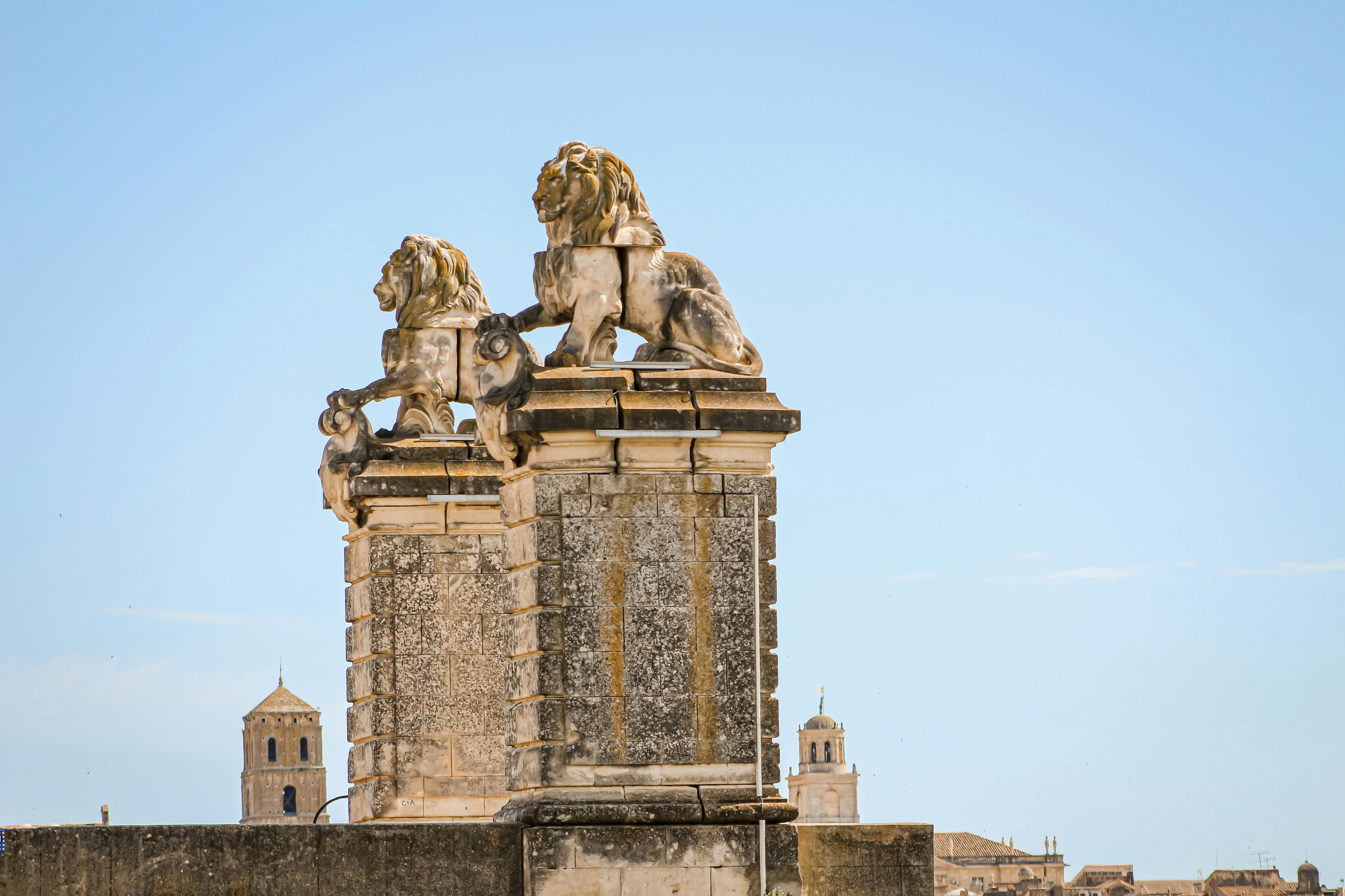 brown concrete statue of lions under the blue sky