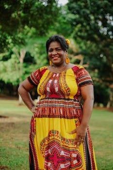 A smiling woman in a colorful dress posing outdoors surrounded by greenery.