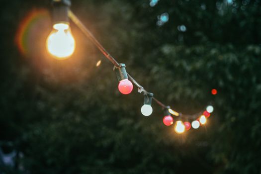 Colorful string lights illuminate an outdoor setting with a blurred background of foliage.