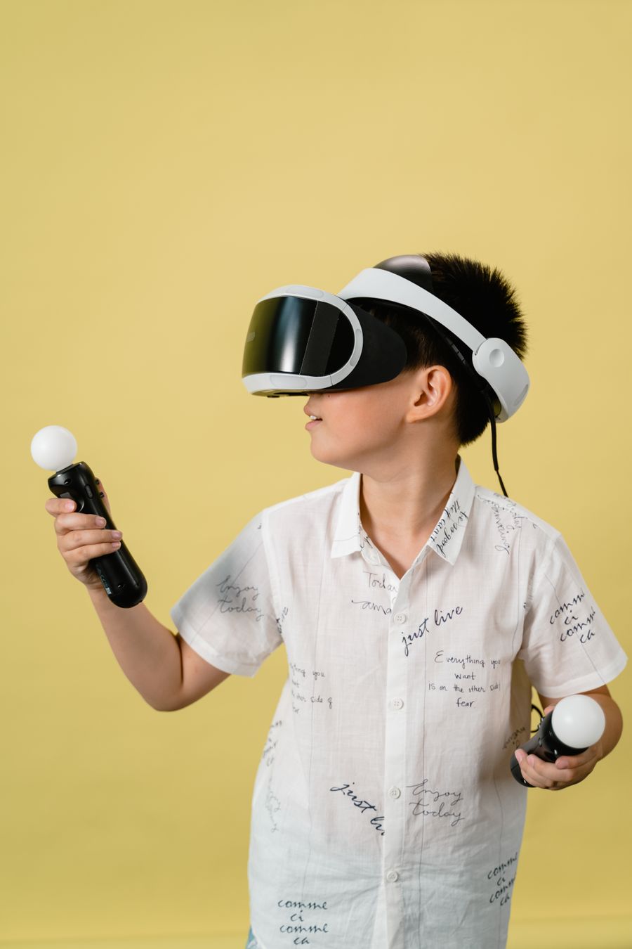 School student using a VR headset in class
