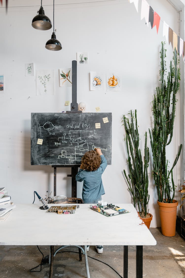 A Kid Writing On The Chalkboard