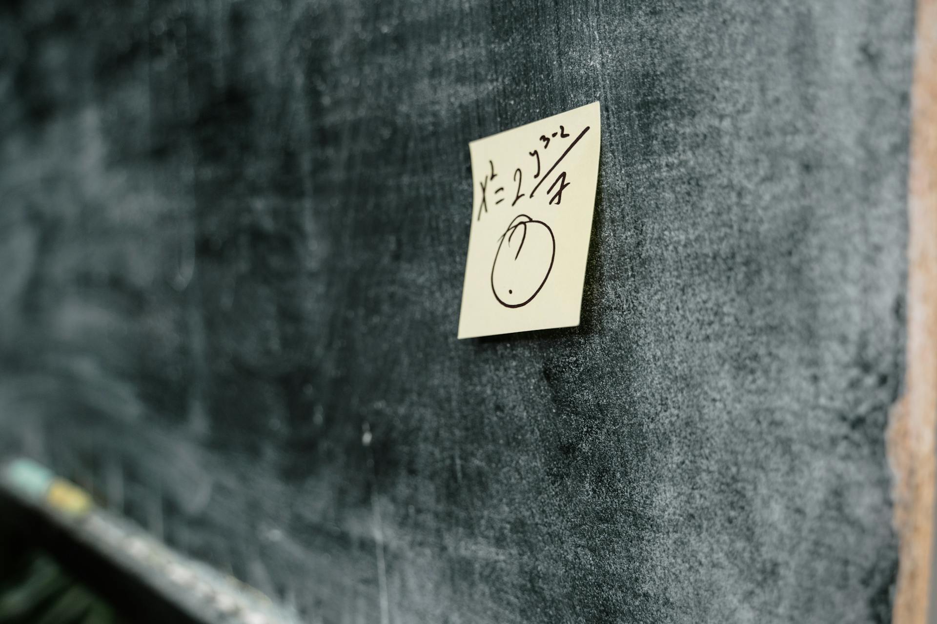 Close-Up Photo of a Mathematical Formula Written on a Sticky Note Posted on a Blackboard