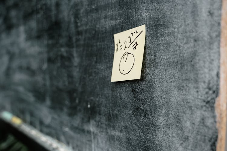 Close-Up Photo Of A Mathematical Formula Written On A Sticky Note Posted On A Blackboard