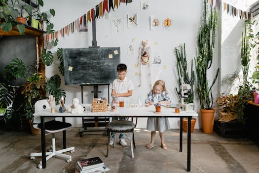 Two children explore science experiments in a lively classroom setting.