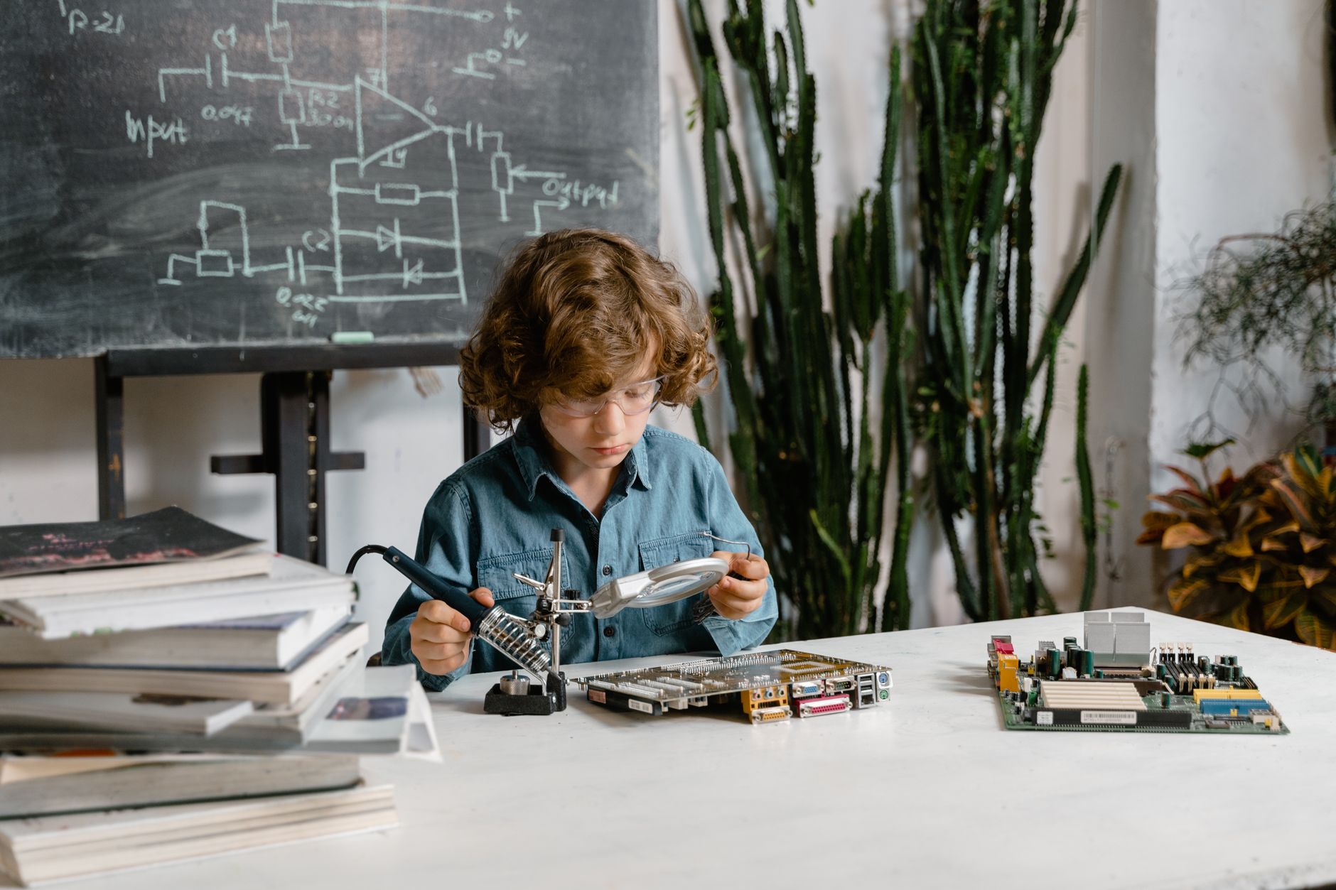 A young child keenly examines electronic components in a classroom setting. Learning through discovery.