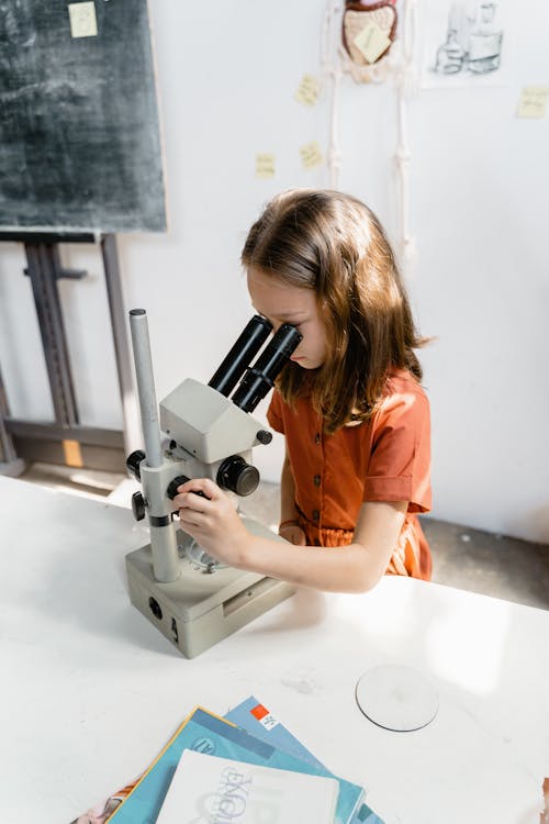 Free A Smart Girl Looking at the Microscope Stock Photo