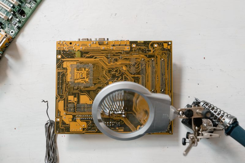 엔지니어가 PCB 회로 설계를 검토하는 장면