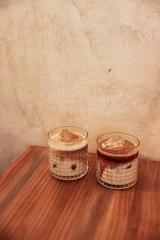 Two iced lattes with unique textures on a wooden table in a cozy café setting.