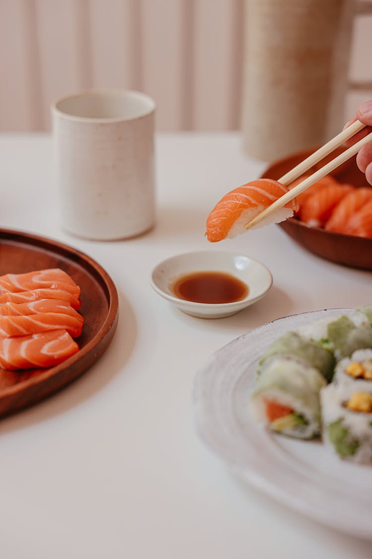 Close Up Of A Piece Of Salmon Nigiri