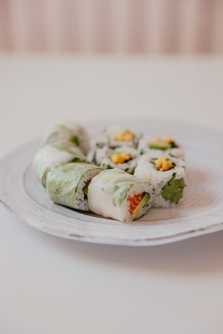 Vietnamese Spring Roll On White Ceramic Plate