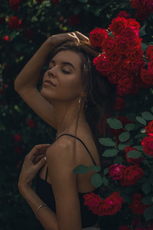 Poses With Roses Woman Posing against a Red Rosebush · Free Stock Photo