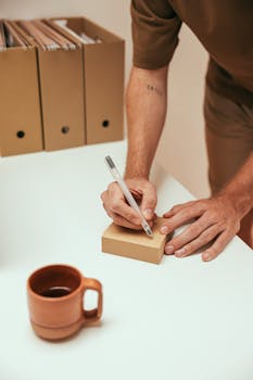 Close-up of hands writing on a notepad next to a ceramic cup and file boxes.