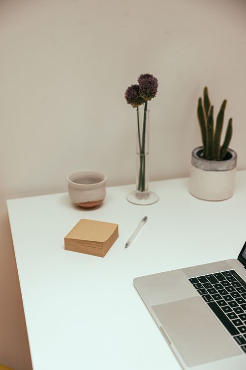 Free A clean, minimalist desk setup with laptop, pen, notes, and potted plants. Stock Photo