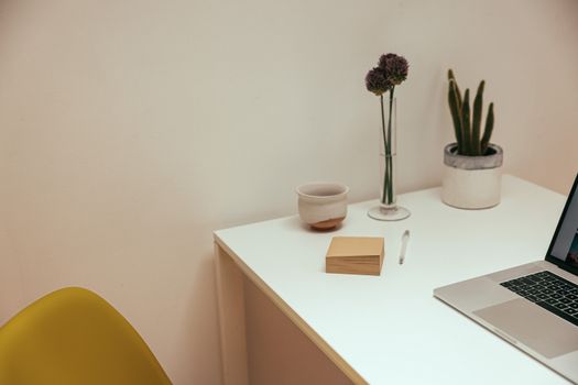 A clean and modern minimalist desk setup with a laptop, plants, and a ceramic cup.. clean, modern, minimalist