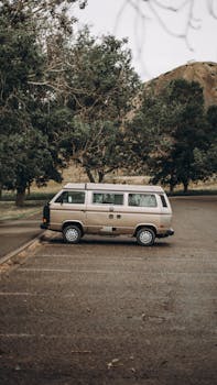 Classic van parked in a serene Alberta parking lot, surrounded by trees and hills.