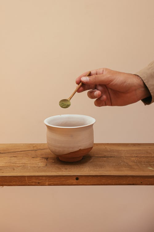 垂直拍摄, 抹茶, 木勺子 的 免费素材图片